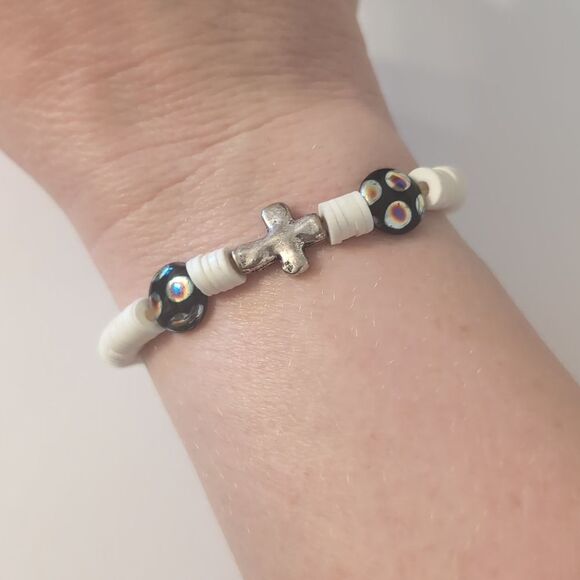 647 White Heishi Beaded Stretch with Black Colorful Beads and Silver Cross - Picture 1 of 4